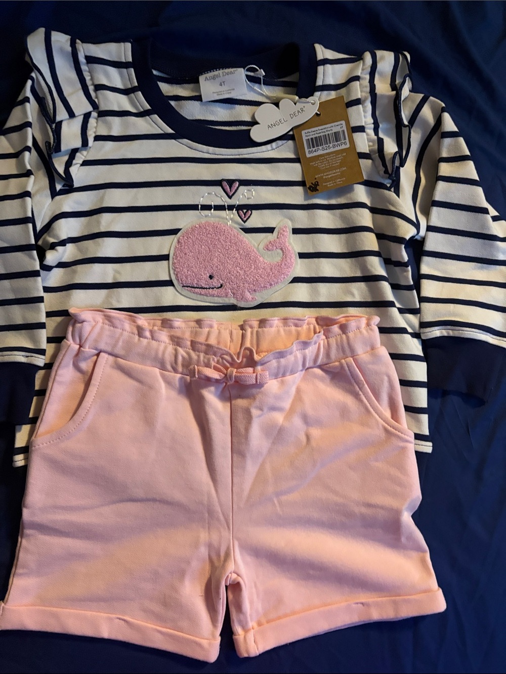 Angel Dear Navy Stripe Top with Pink Whale & Light Pink Shorts Pajama Set